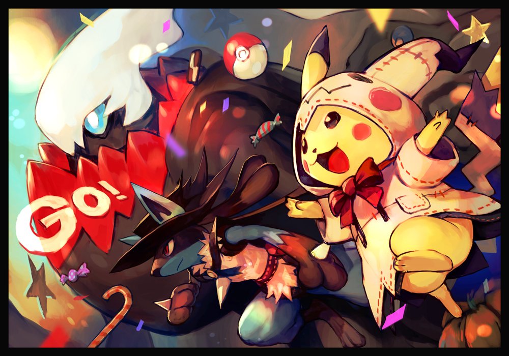 :3 :d black_border border bow bowtie candy candy_cane confetti cosplay darkrai food from_side gen_1_pokemon gen_4_pokemon gen_7_pokemon hankuri jumping lucario mimikyu mimikyu_(cosplay) no_humans open_mouth pikachu poke_ball poke_ball_(generic) pokemon pokemon_(creature) red_bow red_neckwear smile