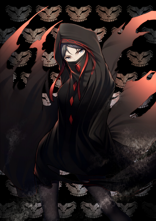 1girl assassin_(fate/strange_fake) banned_artist black_cloak black_eyes black_hair cloak commentary_request fate/strange_fake fate_(series) head_tilt hood hooded_cloak kyoeiki looking_at_viewer red_ribbon ribbon skull_mask solo