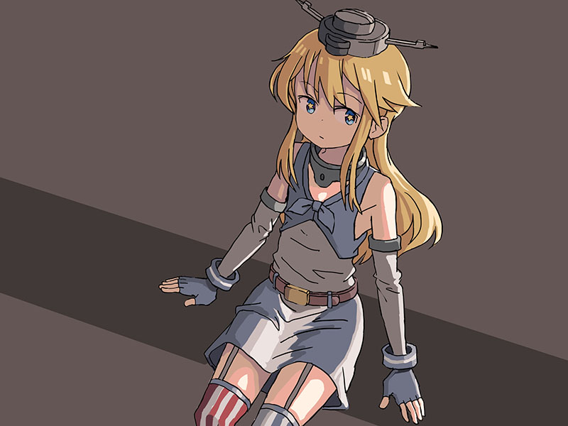 1girl adrian_ferrer alternate_breast_size blonde_hair blue_eyes brown_background commentary english_commentary feet_out_of_frame fingerless_gloves flat_chest front-tie_top garter_straps gloves grey_gloves iowa_(kantai_collection) kantai_collection long_hair miniskirt mismatched_legwear sitting skirt solo star star-shaped_pupils striped striped_legwear symbol-shaped_pupils thighhighs two-tone_background vertical-striped_legwear vertical-striped_skirt vertical_stripes