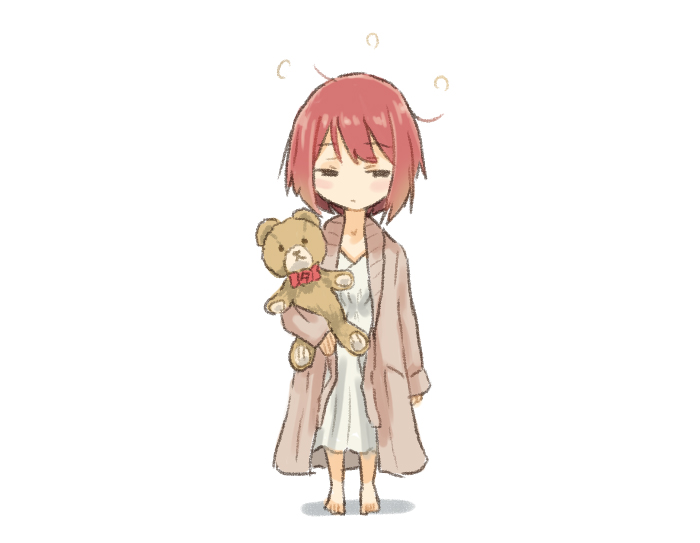 1girl ark_royal_(kantai_collection) barefoot brown_coat coat kantai_collection messy_hair nightgown otoufu red_hair sleepy sleeves_past_wrists solo stuffed_animal stuffed_toy teddy_bear