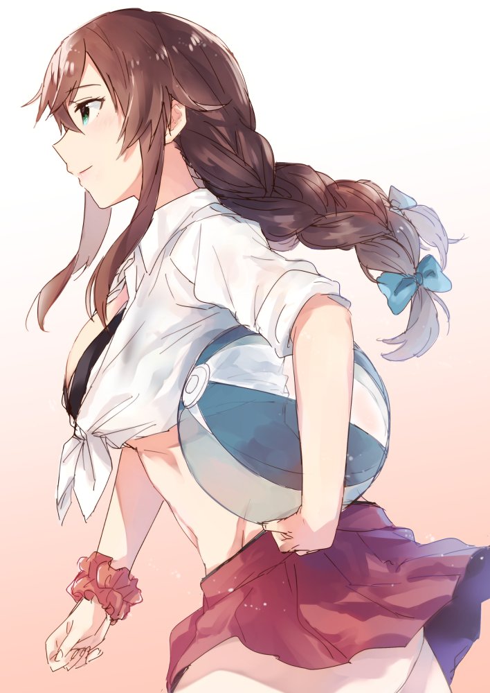 1girl alternate_costume ass_visible_through_thighs ball beachball bikini blue_eyes blue_ribbon breasts brown_hair cowboy_shot from_side groin_tendon kantai_collection large_breasts long_braid navel noshiro_(kantai_collection) red_scrunchie red_skirt ribbon satsumi scrunchie shirt skirt smile solo swimsuit swimsuit_under_clothes thighs tied_shirt underboob white_shirt wrist_scrunchie