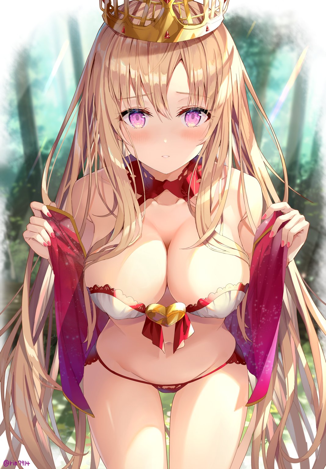 1girl bangs bare_shoulders blonde_hair blurry blurry_background blush breasts cleavage collarbone crown detached_collar europa_(fate/grand_order) fate/grand_order fate_(series) forest highres large_breasts leaning_forward light_rays long_hair looking_at_viewer nature navel parted_lips purple_eyes red_bikini_bottom rin_yuu solo thighs very_long_hair white_bikini_top