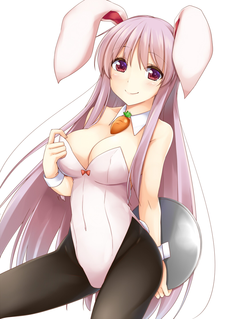 1girl animal_ears arm_behind_back bangs black_legwear blush breasts bunny_ears bunnysuit cleavage commentary_request covered_navel cowboy_shot detached_collar eyebrows_visible_through_hair holding holding_tray kue large_breasts leotard long_hair looking_at_viewer pantyhose purple_hair red_eyes reisen_udongein_inaba sidelocks simple_background smile solo strapless strapless_leotard thighs touhou tray very_long_hair white_background white_leotard wrist_cuffs