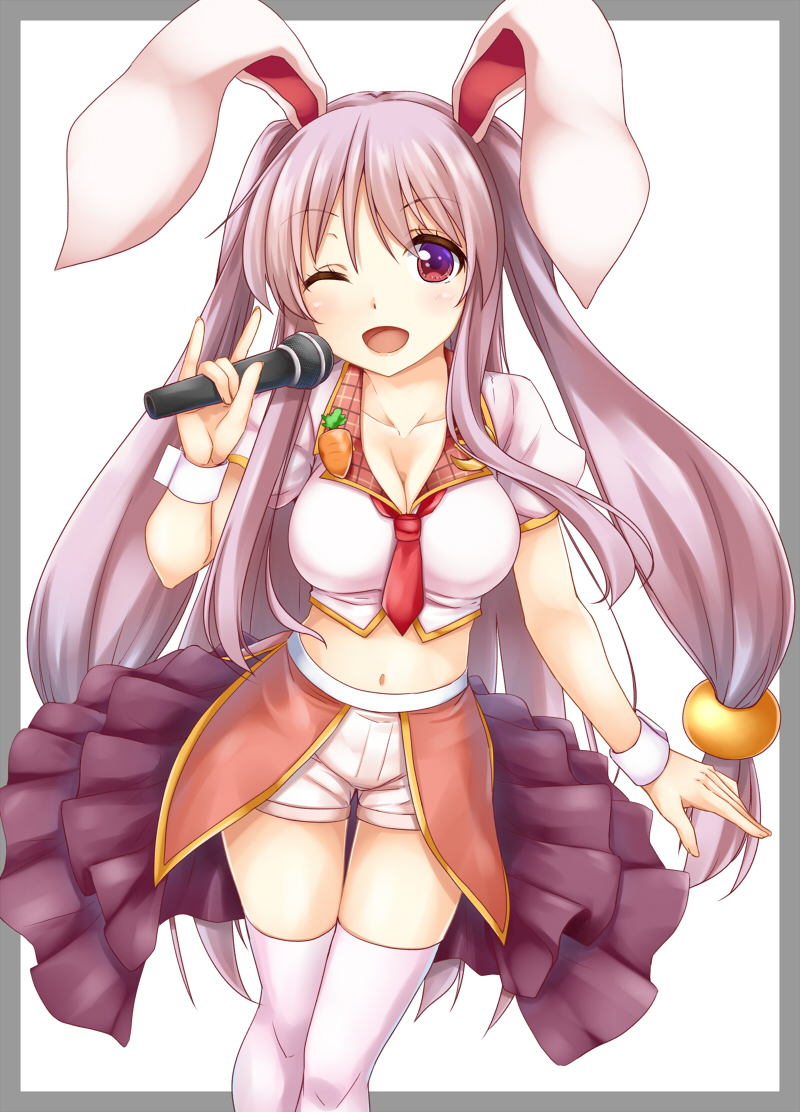1girl ;d \m/ alternate_hairstyle animal_ears bangs blush border breasts bunny_ears cleavage collarbone commentary_request cowboy_shot crop_top eyebrows_visible_through_hair grey_border hand_up holding holding_microphone kue long_hair looking_at_viewer medium_breasts microphone midriff navel one_eye_closed open_mouth outside_border puffy_short_sleeves puffy_sleeves purple_hair red_eyes reisen_udongein_inaba shirt short_shorts short_sleeves shorts sidelocks simple_background smile solo standing stomach thighhighs thighs touhou two_side_up very_long_hair white_background white_legwear white_shirt white_shorts wrist_cuffs