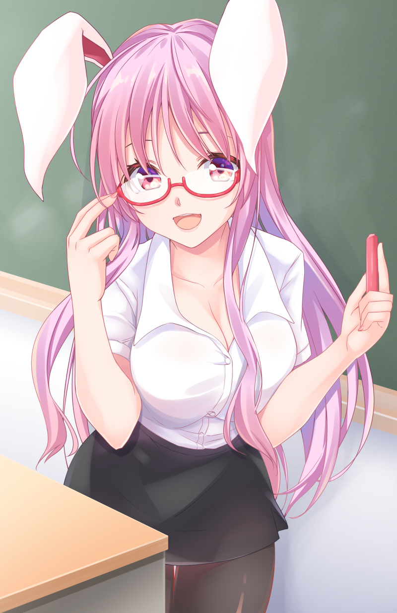 1girl :d animal_ears bangs bespectacled black_legwear black_skirt breasts bunny_ears chalk chalkboard cleavage collarbone commentary_request cowboy_shot desk glasses hair_between_eyes hands_up highres holding indoors kue long_hair looking_at_viewer medium_breasts miniskirt open_mouth pantyhose purple_hair red-framed_eyewear red_eyes reisen_udongein_inaba shirt short_sleeves skirt smile solo standing thighs touhou white_shirt