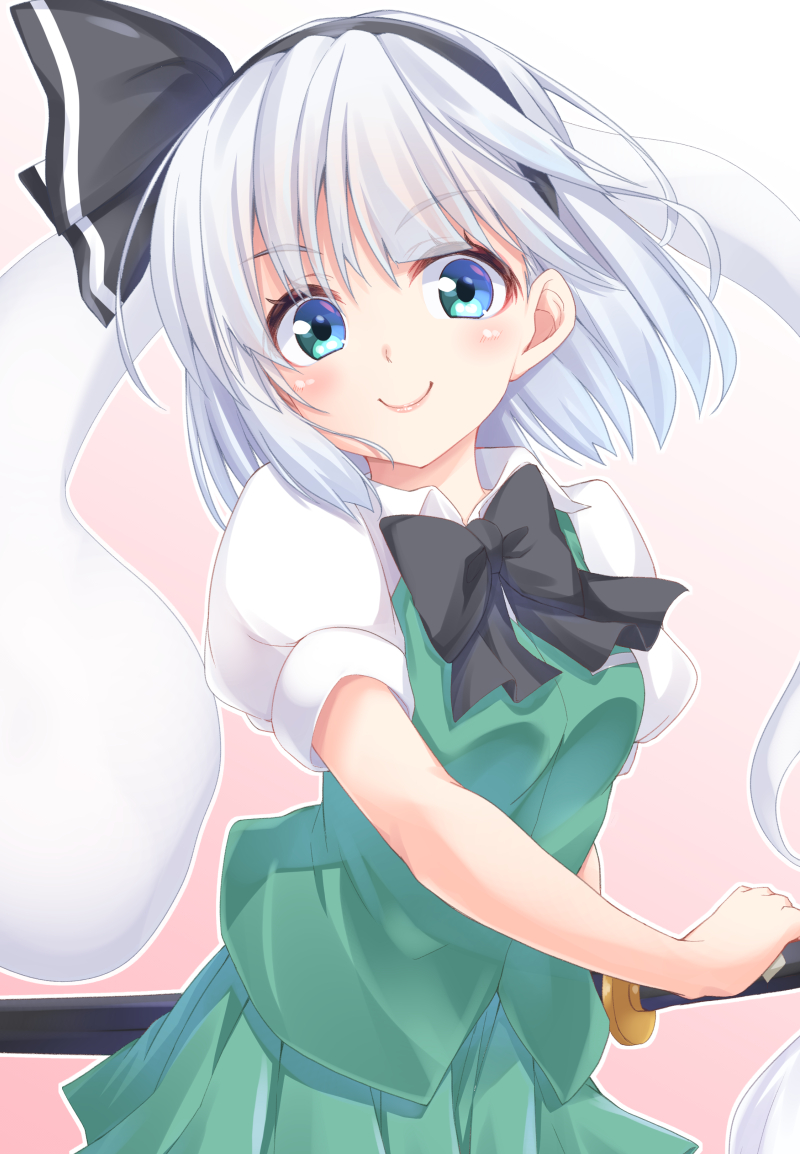 1girl bangs black_bow black_hairband black_neckwear black_ribbon blue_eyes blush bow bowtie breasts commentary_request cowboy_shot eyebrows_visible_through_hair gradient gradient_background green_skirt green_vest hair_ribbon hairband head_tilt hitodama katana konpaku_youmu konpaku_youmu_(ghost) kue looking_at_viewer miniskirt outline pink_background pleated_skirt puffy_short_sleeves puffy_sleeves ribbon scabbard sheath sheathed shirt short_hair short_sleeves silver_hair skirt small_breasts smile solo sword touhou vest weapon white_background white_outline white_shirt wing_collar