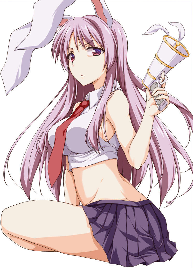 1girl animal_ears breasts bunny_ears commentary_request crop_top from_side kue large_breasts lavender_hair long_hair looking_at_viewer lunatic_gun midriff miniskirt necktie open_mouth red_eyes reisen_udongein_inaba sideboob simple_background sitting skirt sleeveless solo touhou white_background