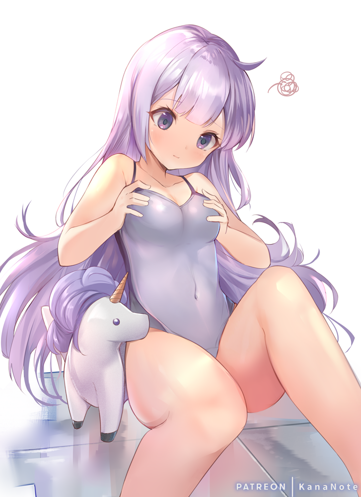1girl ahoge azur_lane bangs bare_arms bare_legs bare_shoulders breasts collarbone commentary competition_swimsuit covered_navel feet_out_of_frame knee_up long_hair medium_breasts mujinbi one-piece_swimsuit patreon_username purple_eyes purple_hair self_fondle sidelocks sitting solo stuffed_alicorn swimsuit unicorn_(azur_lane) very_long_hair