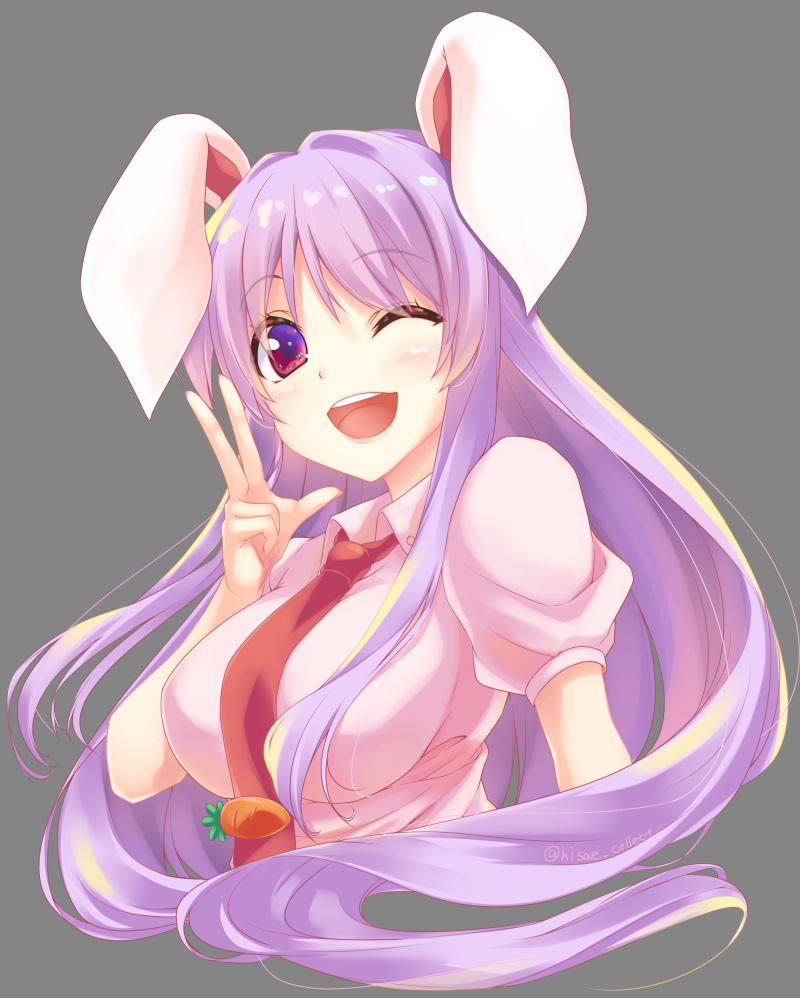 1girl ;d animal_ears artist_name bangs blush breasts bunny_ears carrot commentary_request cropped_torso eyebrows_visible_through_hair grey_background hand_up kue large_breasts long_hair looking_at_viewer necktie one_eye_closed open_mouth pink_shirt puffy_short_sleeves puffy_sleeves purple_hair red_eyes red_neckwear reisen_udongein_inaba shirt short_sleeves simple_background smile solo touhou twitter_username upper_body w wing_collar