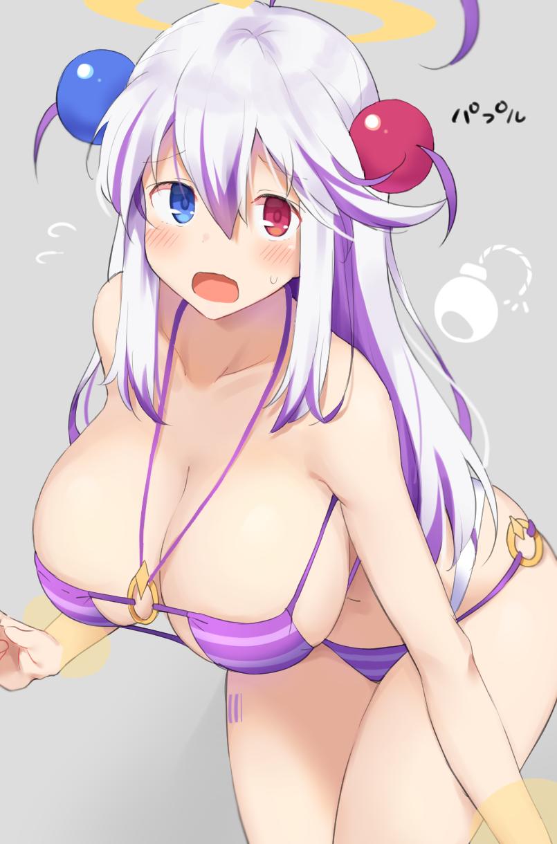 1girl ahoge bangs bikini bikini_bottom bikini_top blue_eyes blush bombergirl breasts embarrassed eyebrows_visible_through_hair hair_between_eyes hair_ornament halo heterochromia highres large_breasts long_hair looking_at_viewer mukuba o-ring o-ring_bikini o-ring_bottom o-ring_top open_mouth papuru_(bombergirl) purple_bikini purple_bikini_bottom purple_bikini_top purple_hair red_eyes simple_background solo solo_focus striped striped_bikini striped_bikini_bottom striped_bikini_top swimsuit