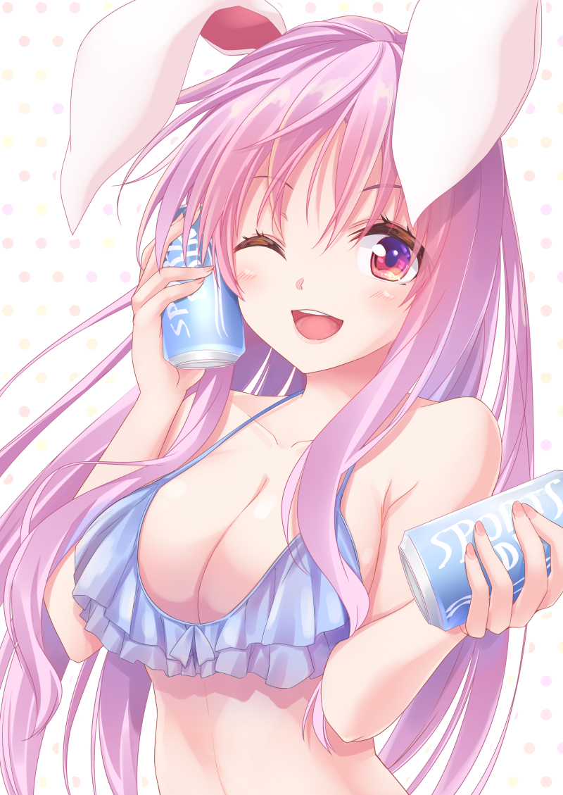 1girl ;d animal_ears bangs bare_arms bare_shoulders bikini blue_bikini blush breasts bunny_ears can collarbone commentary_request frilled_bikini frills hands_up holding holding_can kue large_breasts long_hair looking_at_viewer nail_polish one_eye_closed open_mouth pink_nails polka_dot polka_dot_background purple_hair red_eyes reisen_udongein_inaba sidelocks smile solo stomach swimsuit touhou upper_body white_background