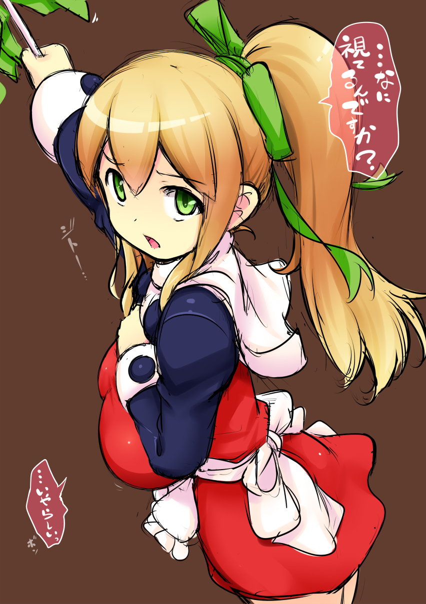 1girl blonde_hair blush breasts dress green_eyes green_ribbon hair_ribbon highres katori_(mocchidou) large_breasts long_hair looking_at_viewer open_mouth oppai_loli ponytail red_dress red_skirt ribbon rockman roll skirt solo