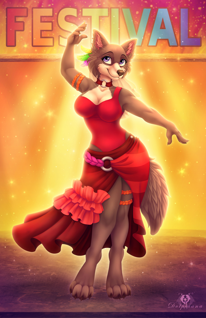 anthro beastars big_breasts breasts brown_body brown_fur canid canine canis clothing dolphydolphiana dress english_text feathers female fur juno_(beastars) mammal smile solo text wolf