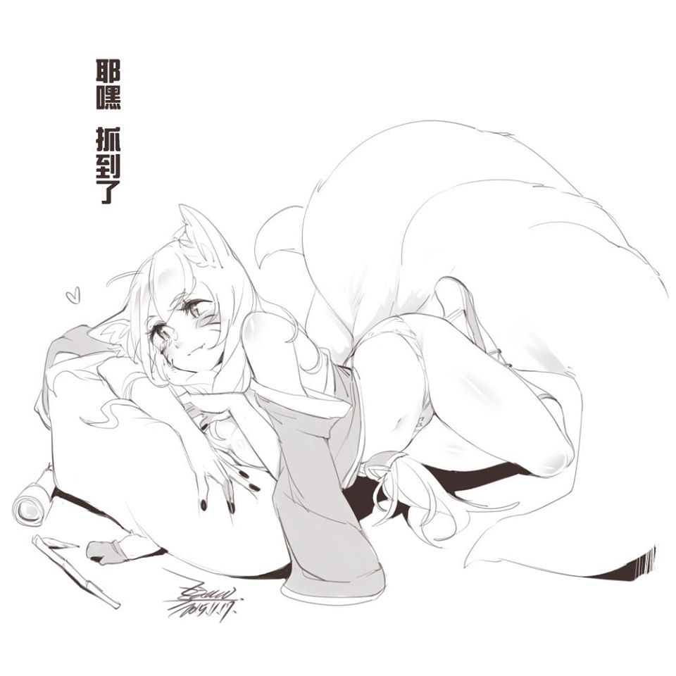 1girl ahri animal_ears blush breasts chinese_text closed_mouth dress ejami fox_ears fox_tail greyscale league_of_legends long_hair monochrome multiple_tails panties simple_background solo tail underwear whisker_markings white_background