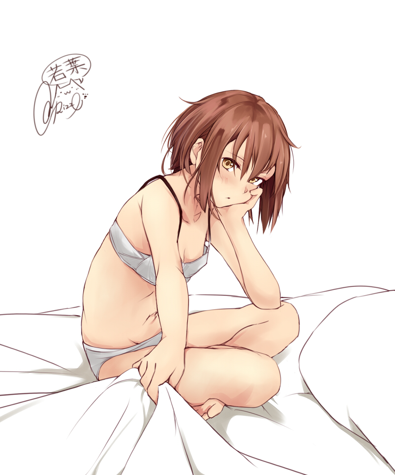 1girl barefoot bed_sheet blush bra brown_eyes brown_hair character_name collarbone hair_between_eyes hand_on_own_cheek kantai_collection navel panties pillow rizzl short_hair signature simple_background solo twitter_username underwear underwear_only wakaba_(kantai_collection) white_background white_bra white_panties