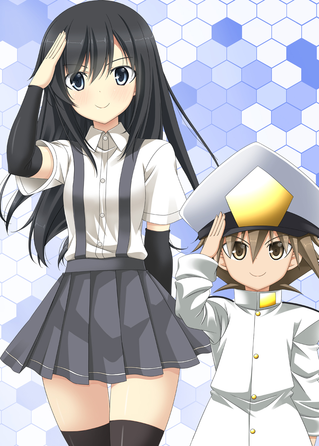1boy 1girl arm_behind_back arm_warmers asashio_(kantai_collection) black_hair brown_eyes brown_hair commentary_request epaulettes green_eyes hair_between_eyes hat highres kantai_collection little_boy_admiral_(kantai_collection) long_hair long_sleeves military military_hat military_uniform oversized_clothes peaked_cap pleated_skirt rappa_(rappaya) saluting school_uniform short_sleeves skirt sleeves_past_wrists smile suspenders thighhighs uniform zettai_ryouiki