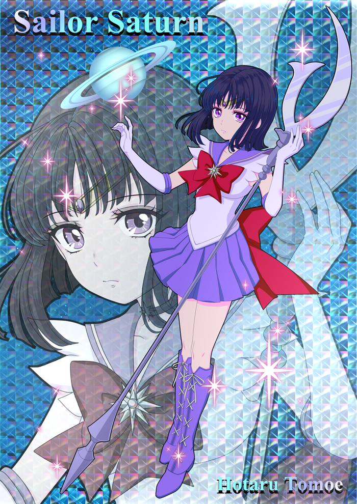 1girl back_bow bishoujo_senshi_sailor_moon black_hair blue_background boots bow brooch character_name choker circlet closed_mouth cross-laced_footwear elbow_gloves expressionless full_body gloves holding holding_spear holding_weapon jewelry knee_boots lace-up_boots looking_at_viewer magical_girl object_namesake planet pleated_skirt polearm purple_eyes purple_footwear purple_sailor_collar purple_skirt red_bow sailor_collar sailor_saturn sailor_senshi_uniform saturn_(planet) short_hair silence_glaive skirt solo spear standing tomoe_hotaru weapon white_gloves yogikka zoom_layer