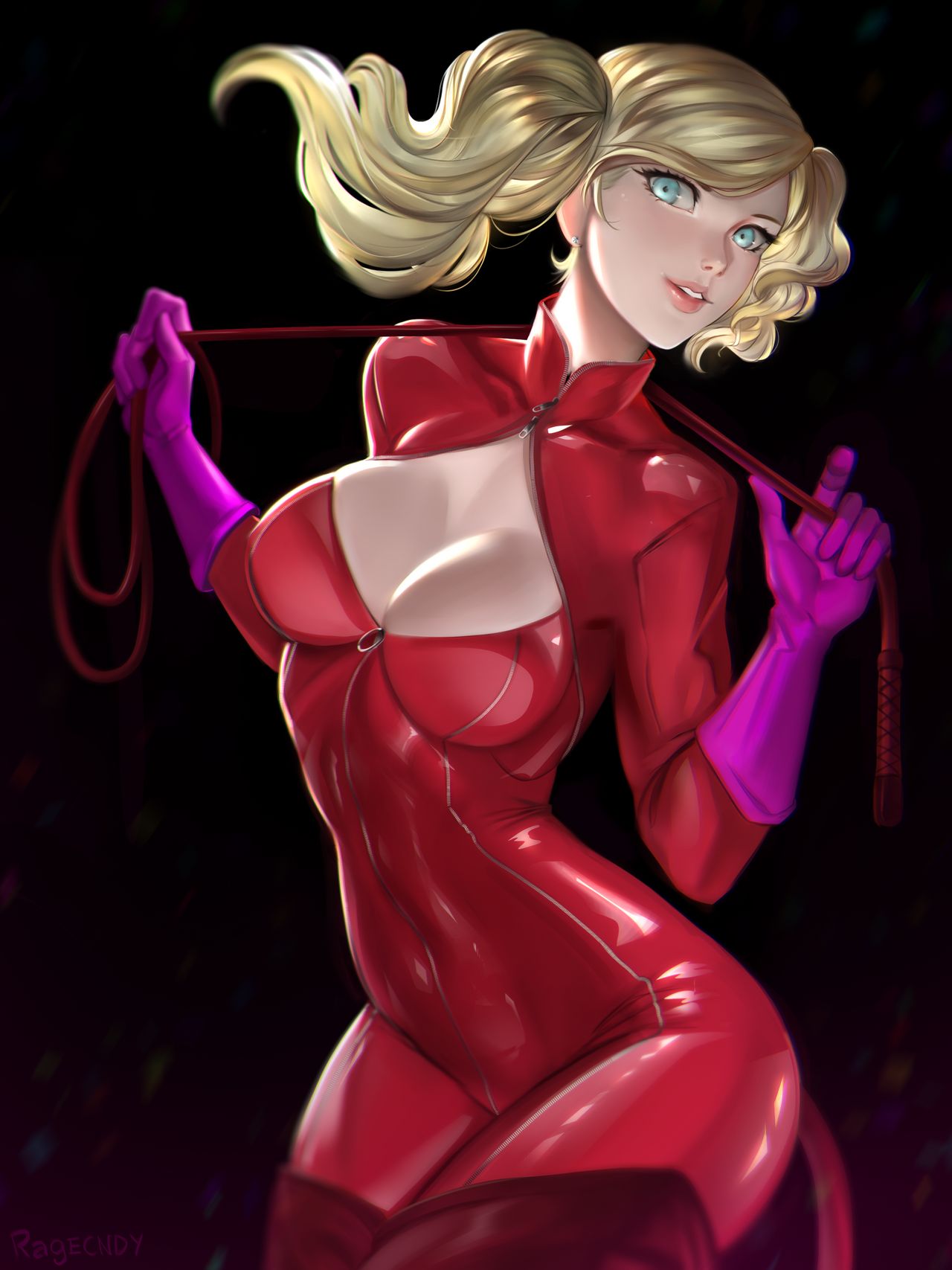 1girl blonde_hair blue_eyes bodysuit boots breasts cat_tail catsuit cleavage cleavage_cutout fake_tail full-length_zipper gloves highres holding_whip looking_at_viewer mask persona persona_5 pink_gloves ragecndy red_bodysuit smile solo tail takamaki_anne thigh_boots thighhighs twintails whip zipper