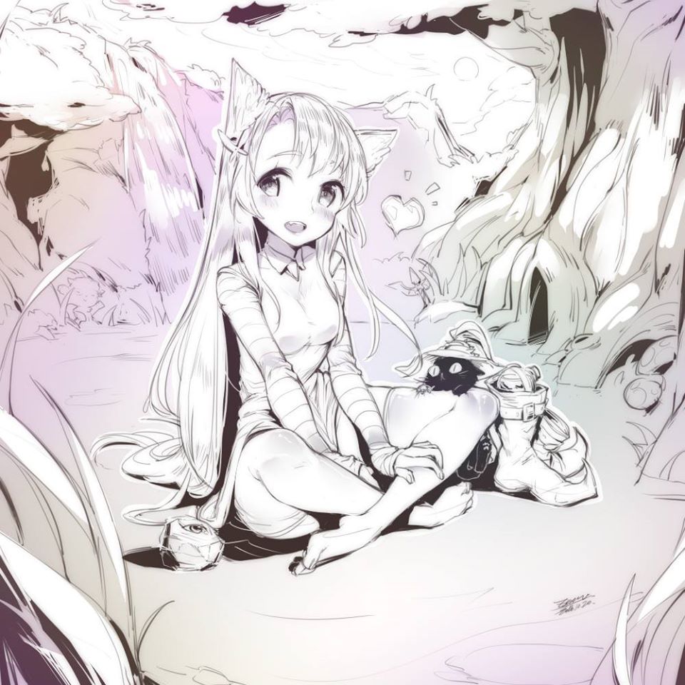 1girl barefoot boots boots_removed breasts cat ejami greyscale heart indian_style league_of_legends long_hair looking_at_viewer lulu_(league_of_legends) monochrome mushroom outdoors pix sitting striped_sleeves teemo tree ward water waterfall