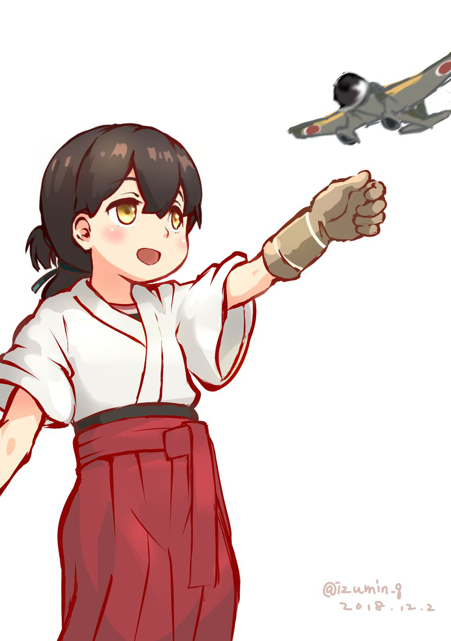 1girl a5m aircraft airplane artist_name bangs black_hair blue_ribbon brown_eyes brown_gloves commentary_request dated folded_ponytail gloves hair_ribbon hakama hakama_skirt highres izumikuma japanese_clothes kantai_collection kasuga_maru_(kantai_collection) long_hair red_hakama remodel_(kantai_collection) ribbon simple_background single_glove smile solo swept_bangs taiyou_(kantai_collection) white_background