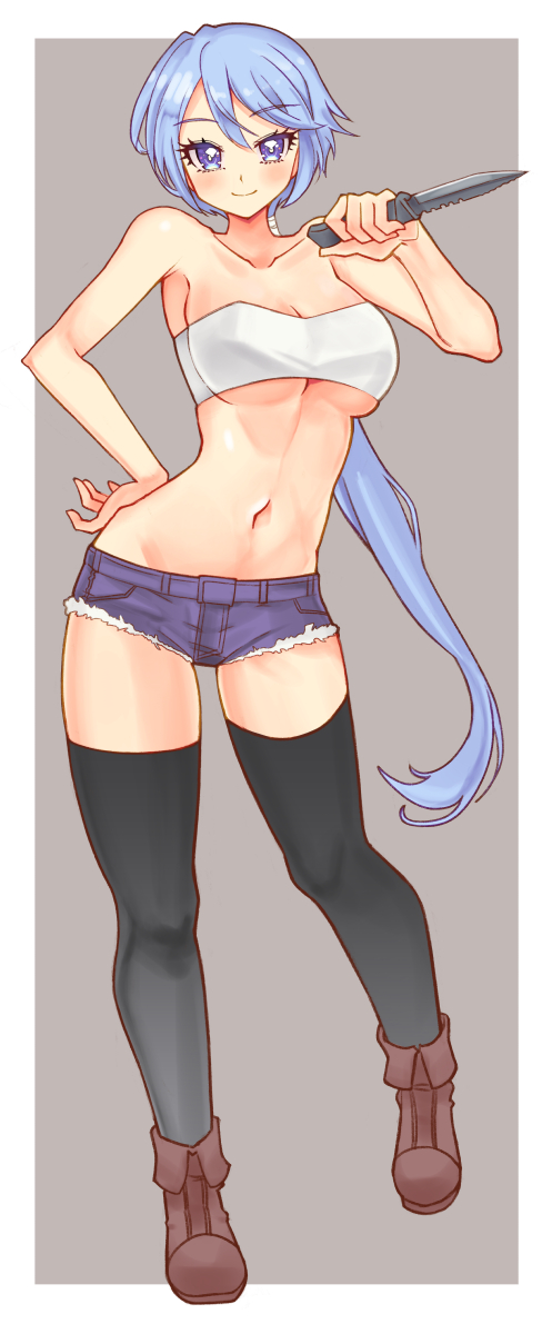 1girl amasaki_ryouko blue_eyes blue_hair blue_shorts breasts cracklecradle denim denim_shorts full_body highres knife legs long_hair looking_at_viewer navel ponytail sai_koro short_shorts shorts solo strapless thighhighs tubetop white_tubetop