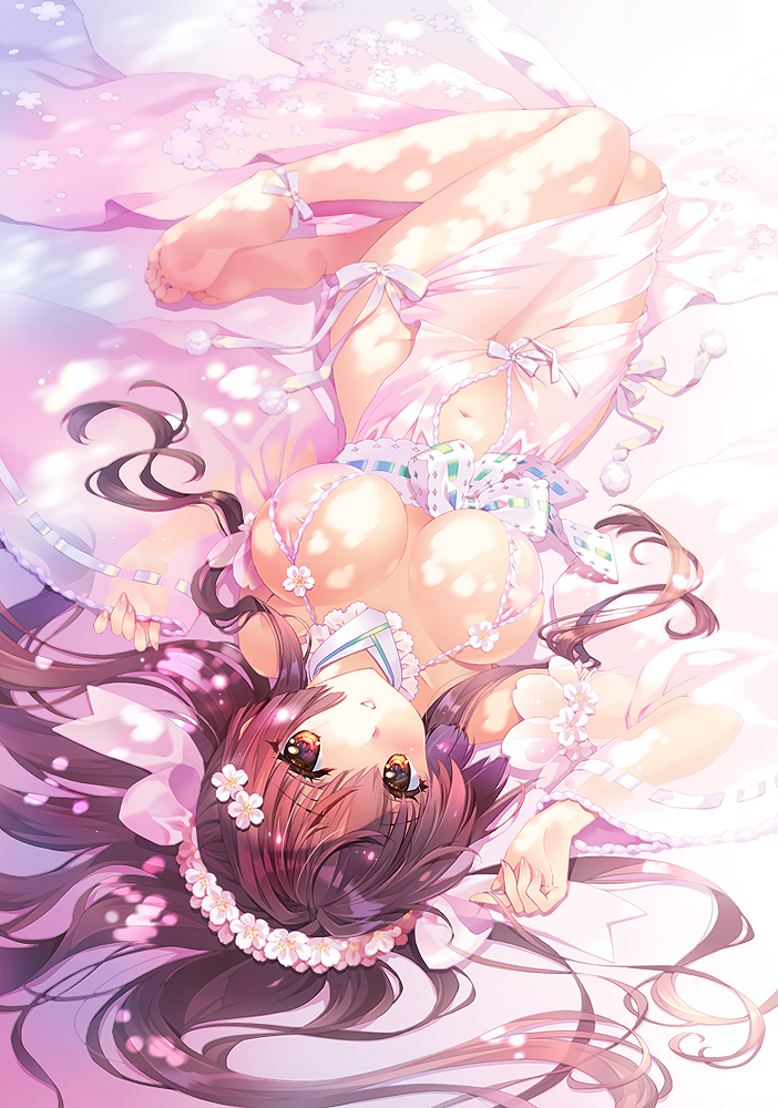 1girl bra breasts brown_eyes brown_hair carnelian commentary_request eyebrows_visible_through_hair flower flower_wreath hair_between_eyes hair_flower hair_ornament kantai_collection long_hair looking_at_viewer lying medium_breasts on_back pink_bra solo underwear wide_sleeves yamato_(kantai_collection)