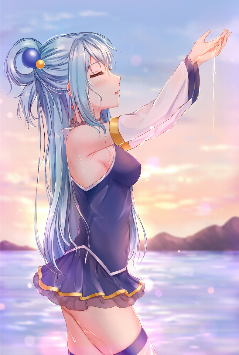 1girl aqua_(konosuba) armpits arms_up backlighting blue_hair blue_skirt blue_vest blush breasts closed_eyes cloud detached_sleeves from_side gradient_sky hair_rings kono_subarashii_sekai_ni_shukufuku_wo! lake layered_skirt long_hair long_sleeves medium_breasts miniskirt mountainous_horizon muwa12 outdoors own_hands_together parted_lips profile see-through sideboob skirt sky solo thighhighs very_long_hair vest water wet white_legwear zettai_ryouiki