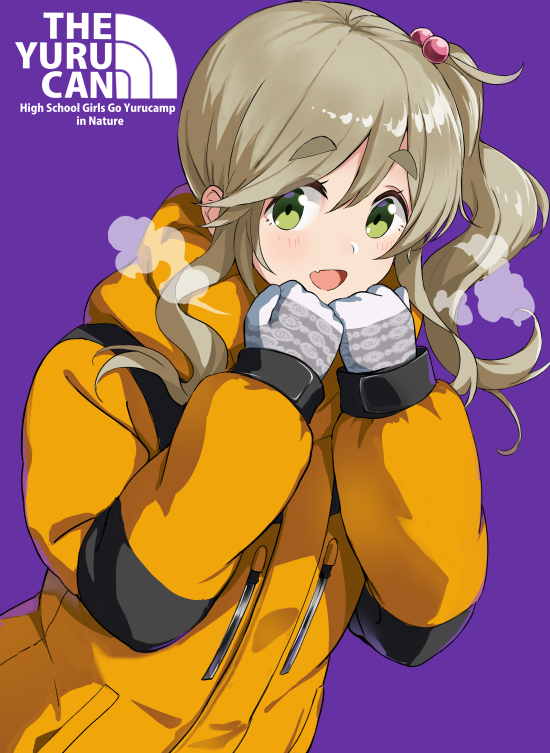 1girl :d blush coat commentary_request copyright_name english_text eyebrows_visible_through_hair fang gloves green_eyes hair_bobbles hair_ornament hands_up hood hood_down hooded_coat inuyama_aoi long_sleeves mirai_denki open_mouth purple_background side_ponytail sidelocks simple_background skin_fang smile solo the_north_face thick_eyebrows upper_body white_gloves yellow_coat yurucamp zipper