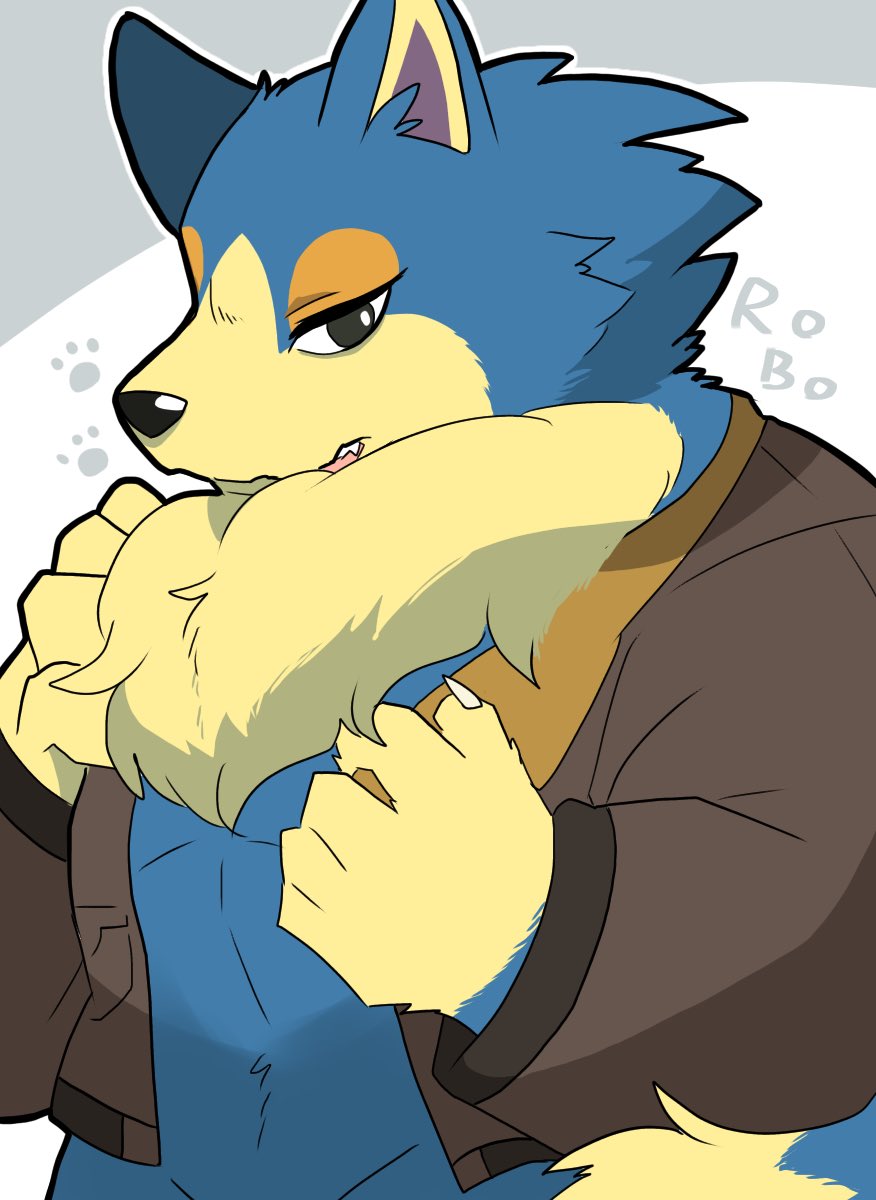 animal_crossing anthro bare_chested blue_body blue_fur brown_jacket canid canine canis chest_tuft claws clothing fur hi_res jacket male mammal midriff nintendo open_jacket solo tan_body tan_fur topwear toumoro_22 tuft video_games wolf wolfgang_(animal_crossing)
