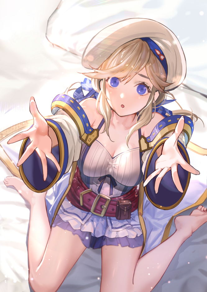 1girl barefoot belt beret blonde_hair blue_eyes breasts cleavage cucouroux_(granblue_fantasy) granblue_fantasy hat incoming_hug on_bed sitting skirt twintails wariza wide_sleeves ya99ru