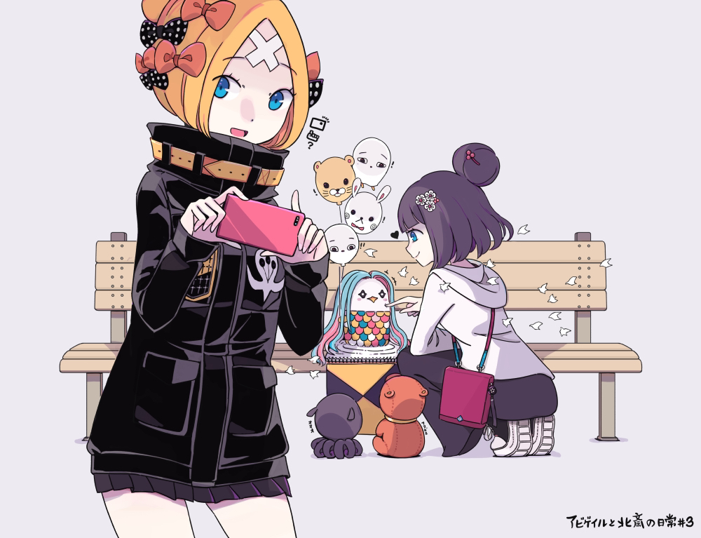 2girls abigail_williams_(fate/grand_order) bag balloon bandaid_on_forehead bangs bench black_bow black_footwear black_jacket blonde_hair blue_eyes bow breasts cellphone closed_mouth crossed_bandaids fate/grand_order fate_(series) forehead grey_background grey_pants hair_bow hair_bun hair_ornament hairpin heroic_spirit_traveling_outfit high_collar hood hooded_sweater jacket katsushika_hokusai_(fate/grand_order) legs long_hair long_sleeves medium_breasts multiple_bows multiple_girls multiple_hair_bows octopus orange_belt orange_bow pants parted_bangs pen phone polka_dot polka_dot_bow purple_hair short_hair shoulder_bag simple_background sketchbook sleeves_past_fingers sleeves_past_wrists small_breasts smile squatting stuffed_animal stuffed_toy sweater teddy_bear tokitarou_(fate/grand_order) white_sweater zka