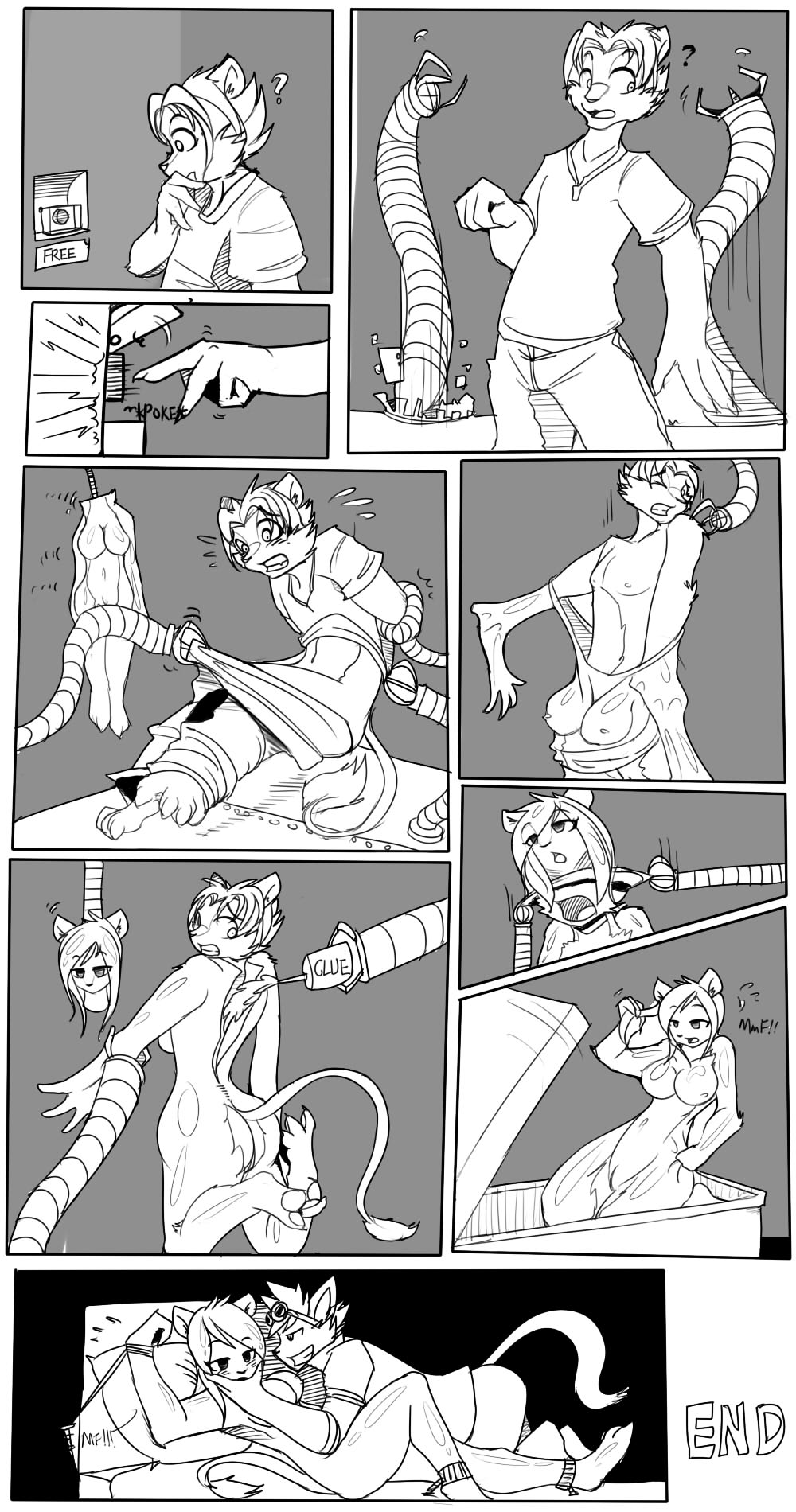 2012 anthro bottomwear bound breasts butt canid clothing comic duo forced genitals glue hi_res male mammal monochrome mxl nipples open_mouth pants pawpads pussy shirt skinsuit solo_focus surprise tight_clothing topwear