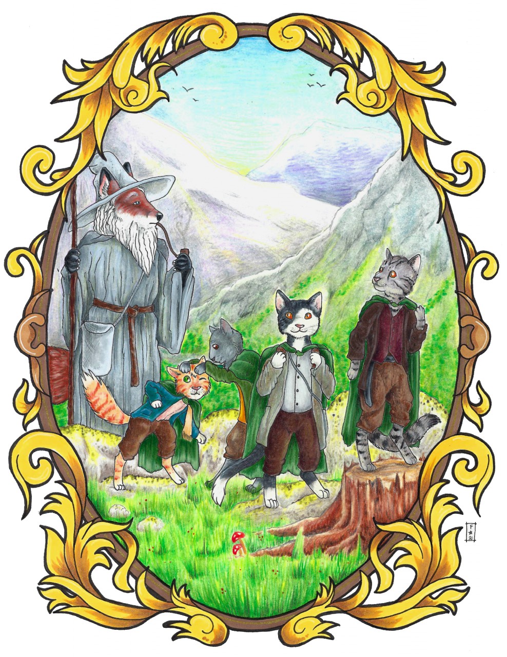 alternate_species anthro barefoot canid canine clothed clothing domestic_cat felid feline felis fox foxene frodo_baggins gandalf_the_grey grass group hi_res j._r._r._tolkien male mammal meriadoc_brandybuck middle-earth_(tolkien) outside peregrin_took samwise_gamgee smoking smoking_pipe staff the_lord_of_the_rings tree_stump