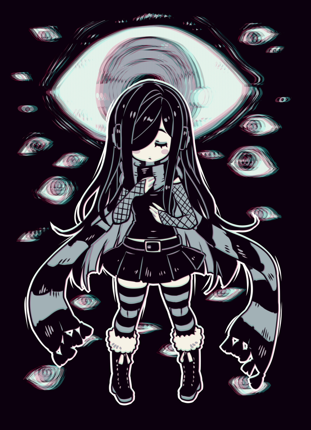 1girl amissio aria_wintermint black_footwear black_hair blush_stickers boots chromatic_aberration closed_eyes closed_mouth expressionless eyebrows facing_viewer full_body hair_over_one_eye headphones highres knee_boots limited_palette long_hair multicolored multicolored_clothes multicolored_legwear multicolored_scarf parororo scarf sidelocks solo striped striped_legwear striped_scarf very_long_hair