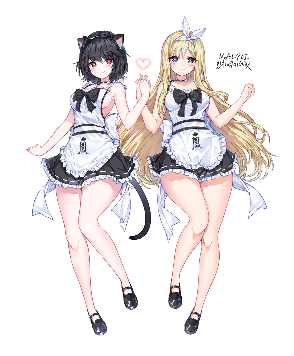 2girls animal_ears apron bare_arms bare_legs bare_shoulders black_dress black_footwear black_hair blade_&amp;_soul blonde_hair blue_eyes breasts cat_ears cat_girl cat_tail choker commission dress frilled_dress frills full_body hair_ribbon hairband heart highres holding_hands large_breasts long_hair looking_at_viewer maid maid_apron mal_poi mary_janes multiple_girls red_eyes ribbon shoes short_hair sideboob simple_background sleeveless sleeveless_dress smile tail thighs very_long_hair white_background