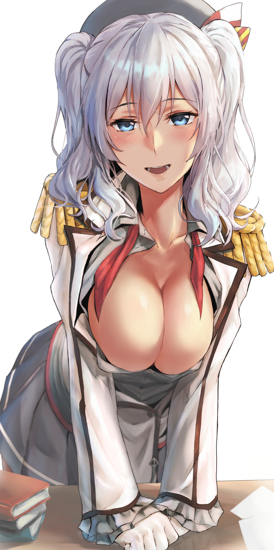 1girl :d beret black_headwear black_skirt blue_eyes book breasts buttons collarbone cowboy_shot epaulettes eyebrows_visible_through_hair gloves grey_shirt hair_between_eyes hat highres jacket kantai_collection kashima_(kantai_collection) kerchief kokuzoo large_breasts long_hair long_sleeves open_mouth pleated_skirt red_neckwear shirt silver_hair simple_background skirt smile solo two_side_up white_background white_gloves white_jacket