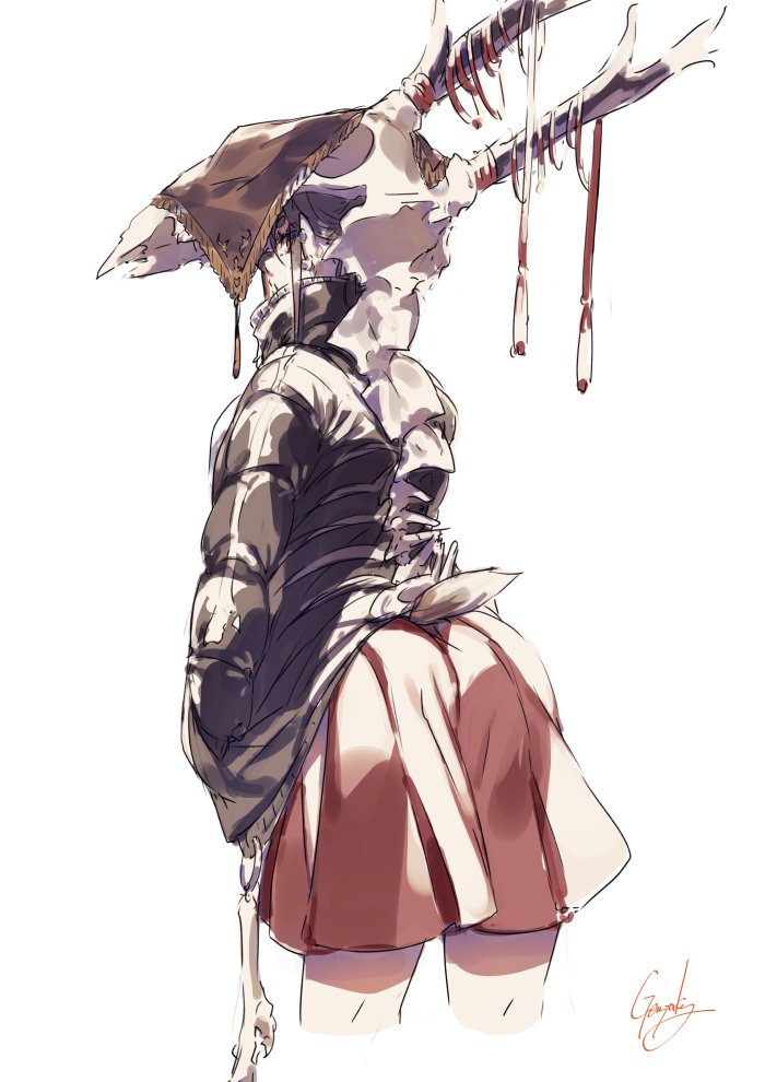 1girl animal_skull antlers antlers_girl_(kyouya) black_jacket cowboy_shot from_behind jacket kyouya_(mukuro238) long_sleeves looking_at_viewer looking_back miniskirt original pleated_skirt red_skirt sideways_glance simple_background skirt solo standing tail white_background