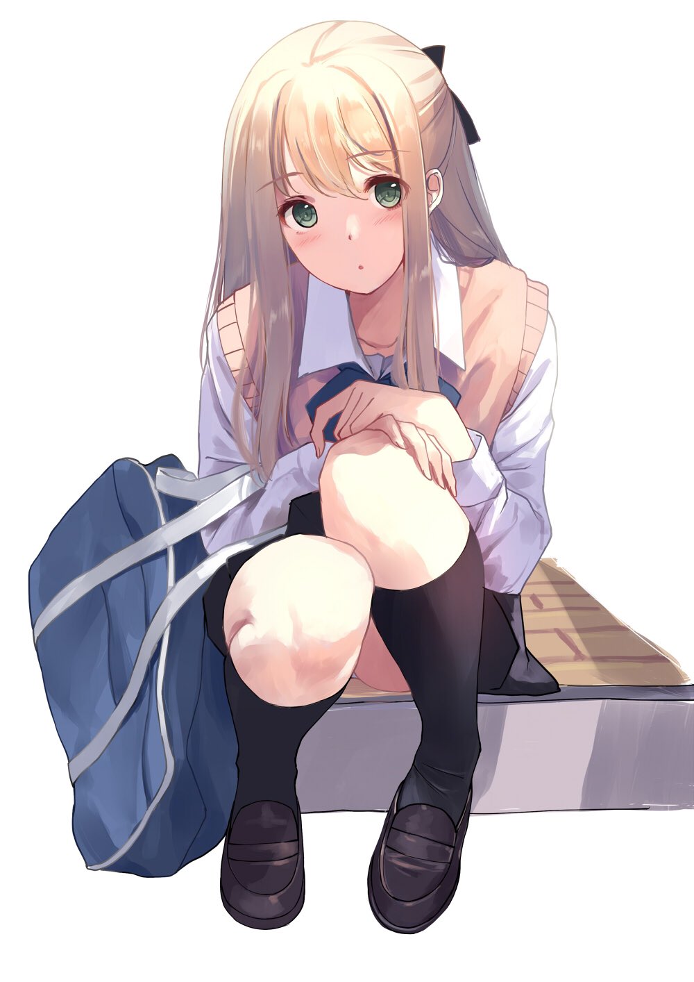 1girl :o bag bangs beige_sweater_vest blonde_hair blue_neckwear blush bow caidychen commentary eyebrows_visible_through_hair full_body green_eyes hair_bow hand_on_hand hand_on_own_knee highres kneehighs knees_together_feet_apart loafers long_hair long_sleeves looking_at_viewer own_hands_together school_bag school_uniform shirt shoes simple_background sitting skirt solo sweater_vest white_background white_shirt