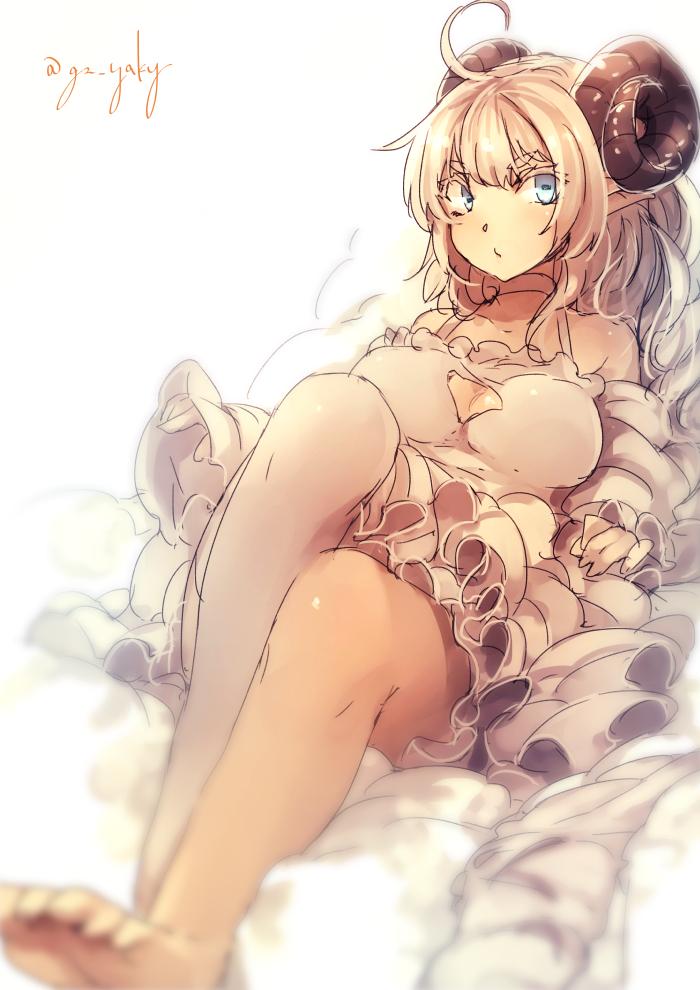 1girl ahoge bangs barefoot blonde_hair blue_eyes blush breasts cleavage cleavage_cutout closed_mouth curled_horns dress eyebrows_visible_through_hair horizontal_pupils horns kyouya_(mukuro238) large_breasts long_hair original pointy_ears reclining single_thighhigh sitting solo thighhighs twitter_username white_background white_dress