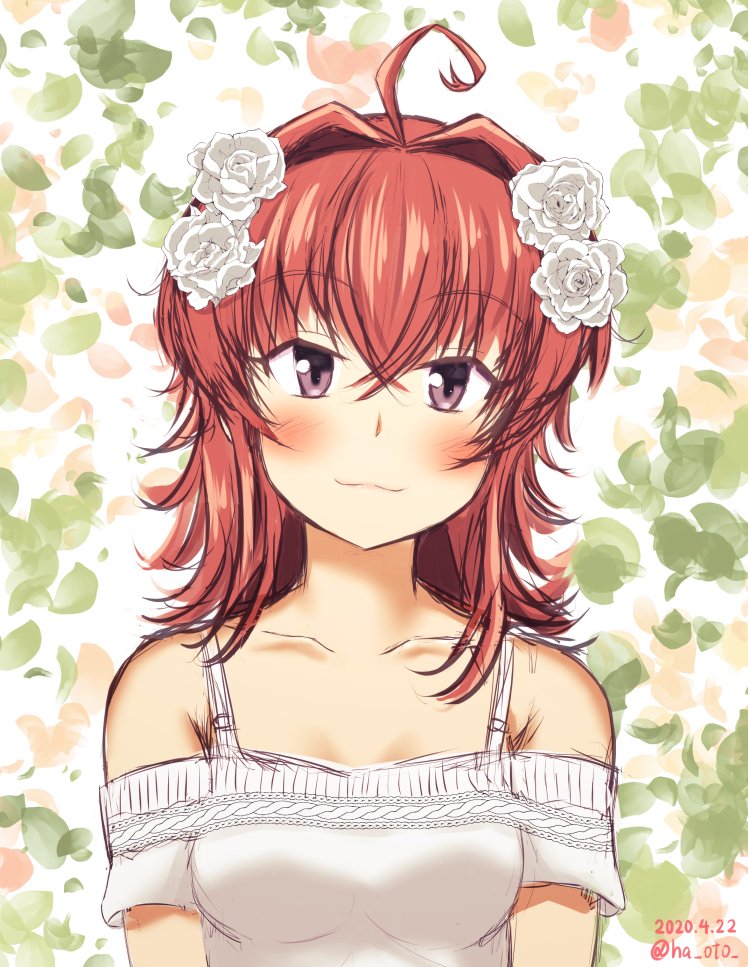 1girl ahoge alternate_costume arashi_(kantai_collection) flower hair_flower hair_ornament haoto_(arnica_leaf) kantai_collection looking_at_viewer medium_hair off-shoulder_shirt off_shoulder red_eyes red_hair rose shirt short_hair smile solo upper_body white_flower white_rose white_shirt