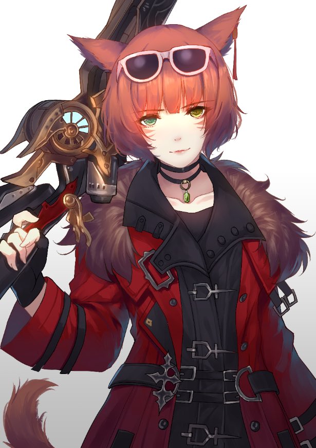 1girl animal_ears arm_at_side bangs brown_hair buckle caidychen choker closed_mouth coat collarbone ear_tag english_commentary eyebrows_visible_through_hair eyewear_on_head final_fantasy final_fantasy_xiv fur-trimmed_coat fur_trim gradient gradient_background green_eyes hand_up heterochromia holding holding_weapon jewelry light_smile lips long_sleeves looking_at_viewer miqo'te pendant pink-framed_eyewear red_coat solo standing strap sunglasses tail weapon whisker_markings white_background yellow_eyes