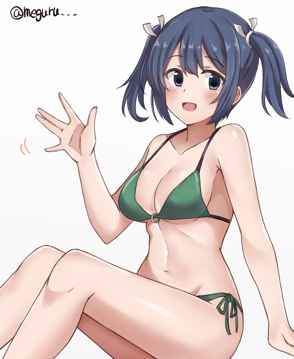 1girl bikini blue_eyes blue_hair breasts cleavage commentary_request green_bikini kantai_collection large_breasts looking_at_viewer meguru_(megurunn) o-ring o-ring_bikini o-ring_top side-tie_bikini simple_background sitting solo souryuu_(kantai_collection) swimsuit twintails twitter_username waving white_background