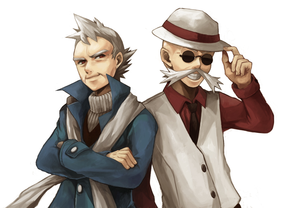 bald coat crossed_arms gym_leader hat katsura_(pokemon) male_focus manly multiple_boys necktie old_man parted_lips pokemon pokemon_(game) pokemon_hgss red_eyes scarf simple_background smile sunglasses tsumi turtleneck vest white_background white_hair yanagi_(pokemon)