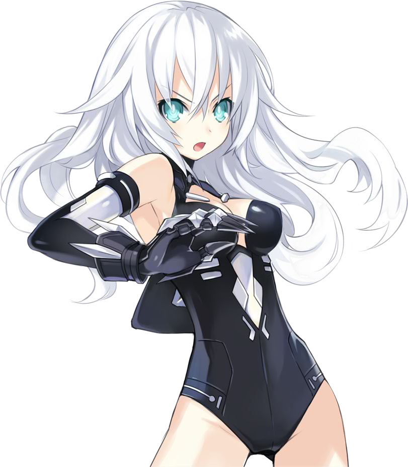 :o aqua_eyes armor armpits bangs bare_shoulders black_gloves black_heart black_leotard breasts choujigen_game_neptune claws cleavage cleavage_cutout cowboy_shot elbow_gloves face floating_hair gauntlets gloves hair_between_eyes halterneck leotard long_hair magical_girl medium_breasts neptune_(series) official_art open_mouth solo standing transparent_background tsunako turtleneck v-shaped_eyebrows white_hair
