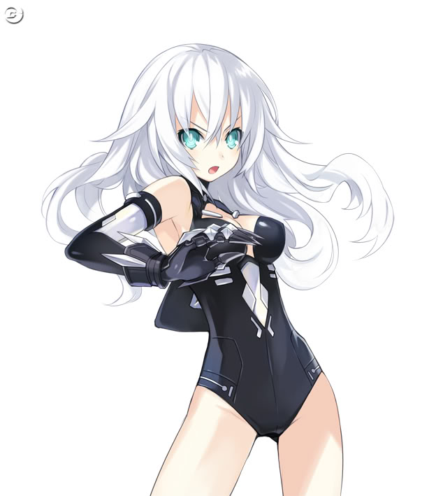 :o aqua_eyes armor armpits bangs bare_shoulders black_gloves black_heart breasts choujigen_game_neptune claws cleavage cleavage_cutout cowboy_shot elbow_gloves face floating_hair gauntlets gloves hair_between_eyes halterneck leotard long_hair magical_girl medium_breasts neptune_(series) official_art open_mouth simple_background solo standing tsunako turtleneck v-shaped_eyebrows watermark white_background white_hair