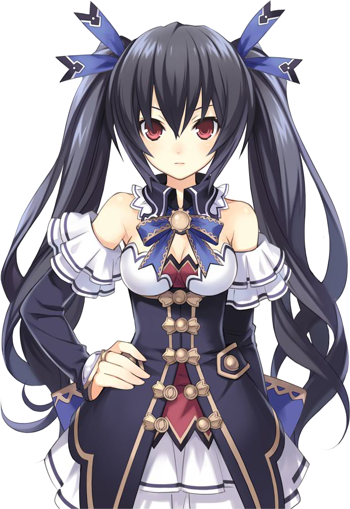 bare_shoulders black_hair bow choujigen_game_neptune detached_sleeves face hair_ribbon hand_on_hip jewelry long_hair neptune_(series) noire official_art red_eyes ribbon ring solo transparent_background tsunako twintails