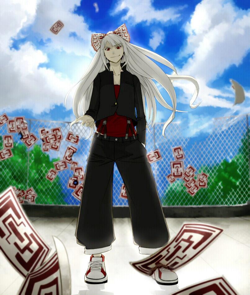 alternate_costume bad_id bad_pixiv_id casual chain-link_fence contemporary day fence fujiwara_no_mokou jacket kenka ofuda outdoors pants red_eyes ribbon shoes sneakers solo touhou tree white_hair