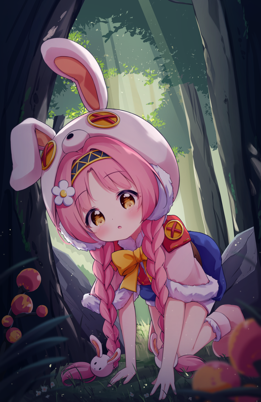 1girl :o akane_mimi all_fours animal_ears animal_hat bangs black_hairband blue_shorts blurry blurry_foreground blush boots braid brown_eyes bunny_ears bunny_hair_ornament bunny_hat capelet day depth_of_field eyebrows_visible_through_hair fake_animal_ears flower forest fur-trimmed_capelet fur_trim hair_flower hair_ornament hairband hat highres long_hair looking_at_viewer nature on_grass on_ground outdoors parted_bangs parted_lips pink_capelet pink_footwear pink_hair pink_headwear princess_connect! princess_connect!_re:dive red_shirt shirt short_shorts shorts solo tokenbox tree twin_braids twintails very_long_hair white_flower