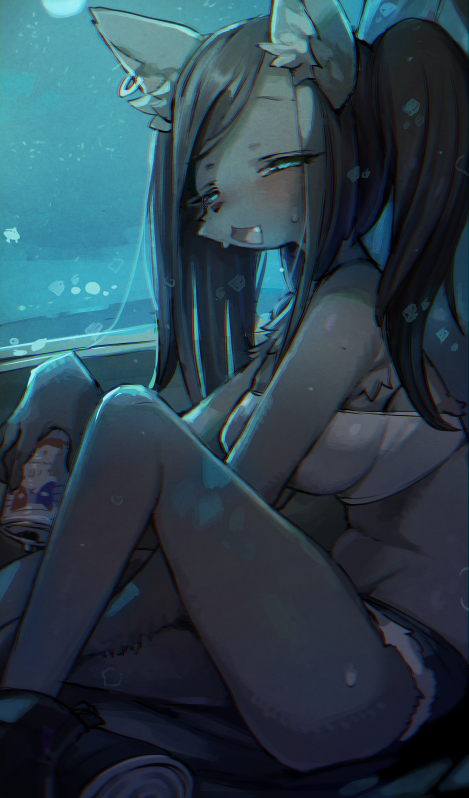 anthro black_hair blue_eyes blush bodily_fluids bottomwear breasts can clothing domestic_cat ear_piercing ear_ring felid feline felis female fur grey_body grey_fur hair hotpants kemono mammal open_mouth piercing ponytail ricosye shorts sitting solo sweat