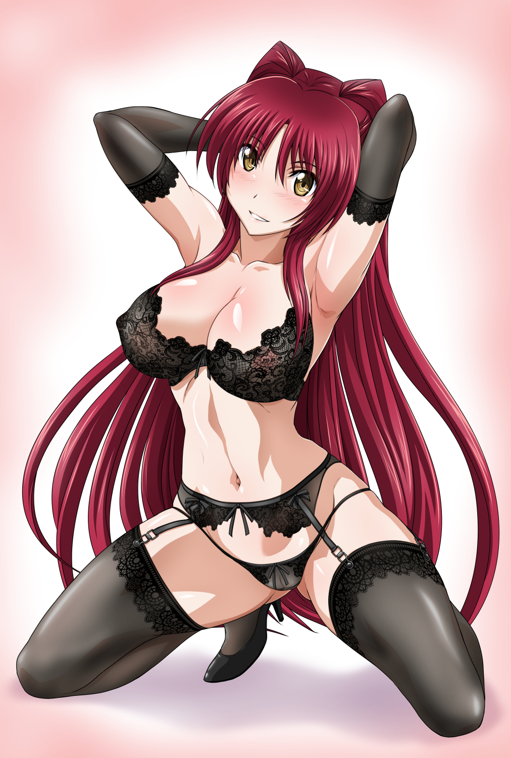 armpits arms_up black_gloves black_legwear breasts brown_eyes cleavage commentary commentary_request elbow_gloves garter_belt garter_straps gloves high_heels highres kousaka_tamaki large_breasts lingerie long_hair looking_at_viewer mutou_keiji navel red_hair thighhighs to_heart_2 toned underwear